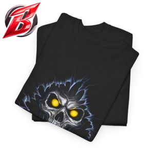 Black skull t-shirt with glowing eyes skeleton breaking through wall horror graphic design
