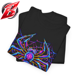 Black spider t-shirt with neon colorful spider and web glowing gothic Halloween graphic design