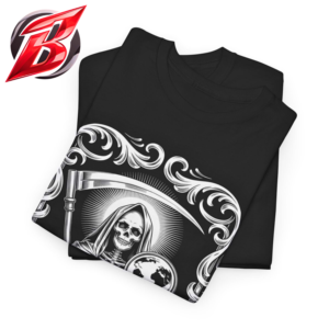 Black Santa Muerte t-shirt with grim reaper holding scythe and globe ornate gothic graphic design