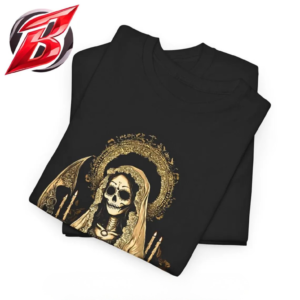 Black Santa Muerte t-shirt with skeletal saint holding scythe and roses gothic religious graphic design