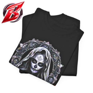 Black gothic skull woman t-shirt with hooded skeletal figure and skulls dark fantasy graphic design
