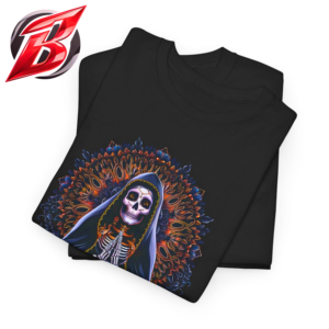 Black Santa Muerte t-shirt with skeletal saint halo skulls and ornate gothic religious graphic design
